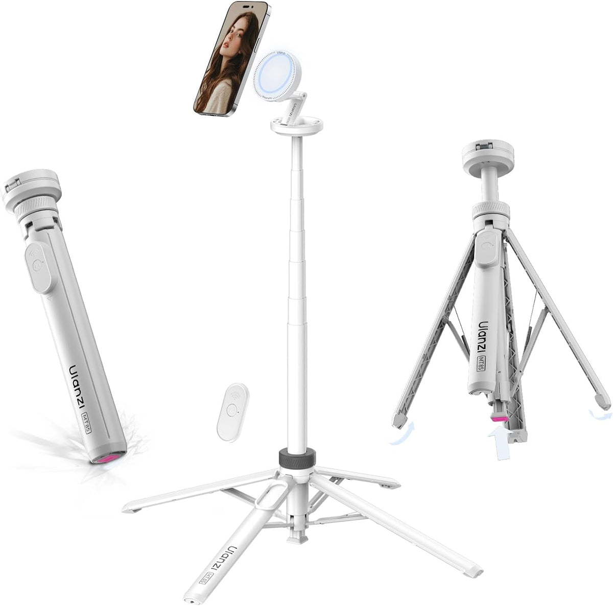 Ulanzi MT85 MagSafe Snap-On Magnetic Cellphone Tripod - 1.7M Adjustable Selfie Stick, Steel Quadruped Stand
