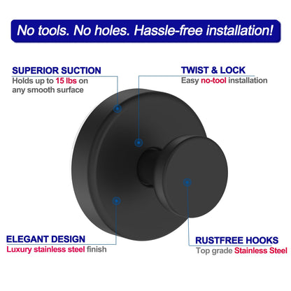 Bntuk Suction Cup Hooks for Shower, Detachable Towel Hooks for Bathroom Window Glass Door Wall, Bathrobe Loofah Hook for Hanging – 2 Pack, Black