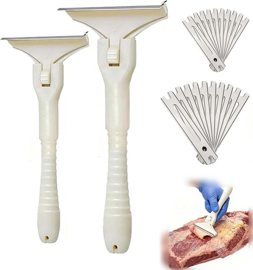 2PCS Handheld Fat Trimmer for Beef & Pork, Stainless Steel Meat Scraper with 20 Blades, T-Shaped Meats Scraper, Fat Trimmer, Easy Fats & Fascia Removal Tool for Beef & Pork (Large + Small)