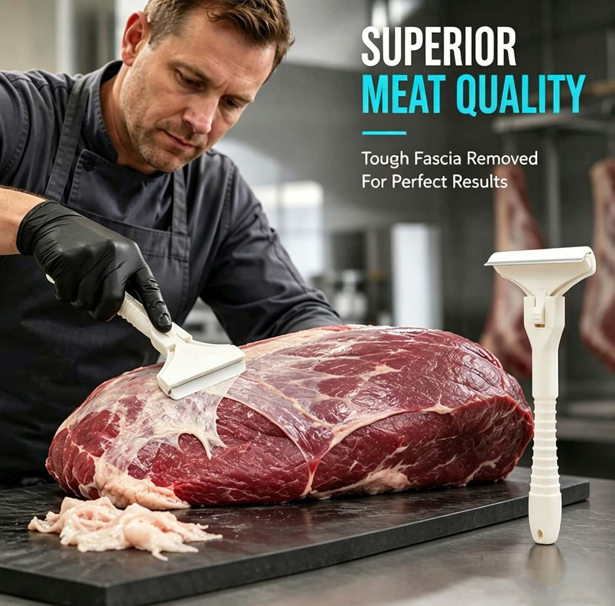 2PCS Handheld Fat Trimmer for Beef & Pork, Stainless Steel Meat Scraper with 20 Blades, T-Shaped Meats Scraper, Fat Trimmer, Easy Fats & Fascia Removal Tool for Beef & Pork (Large + Small)