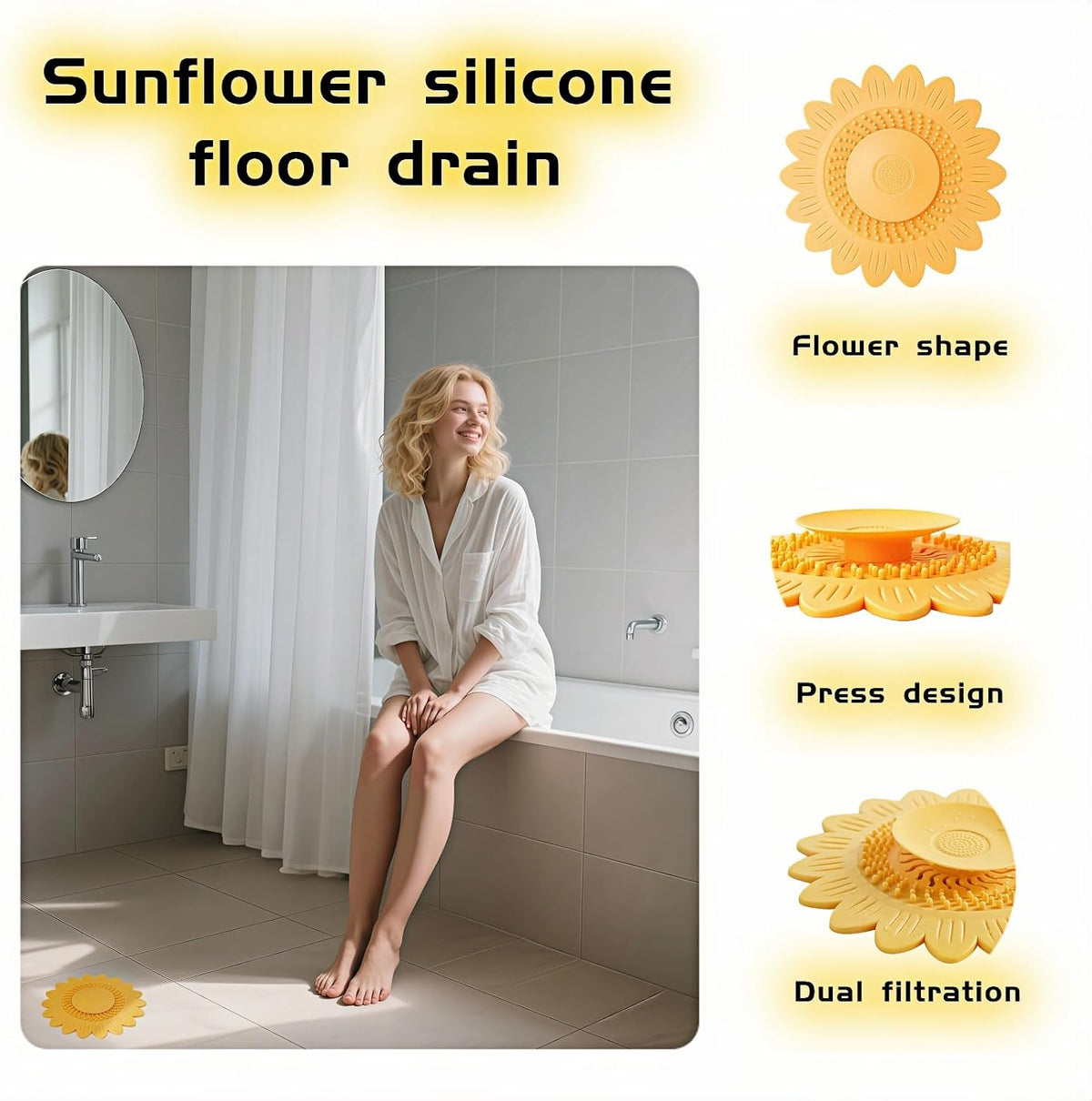 Sunflower Silicone Drain Cover,2-Pack Hair Catcher for Shower Tub Sink