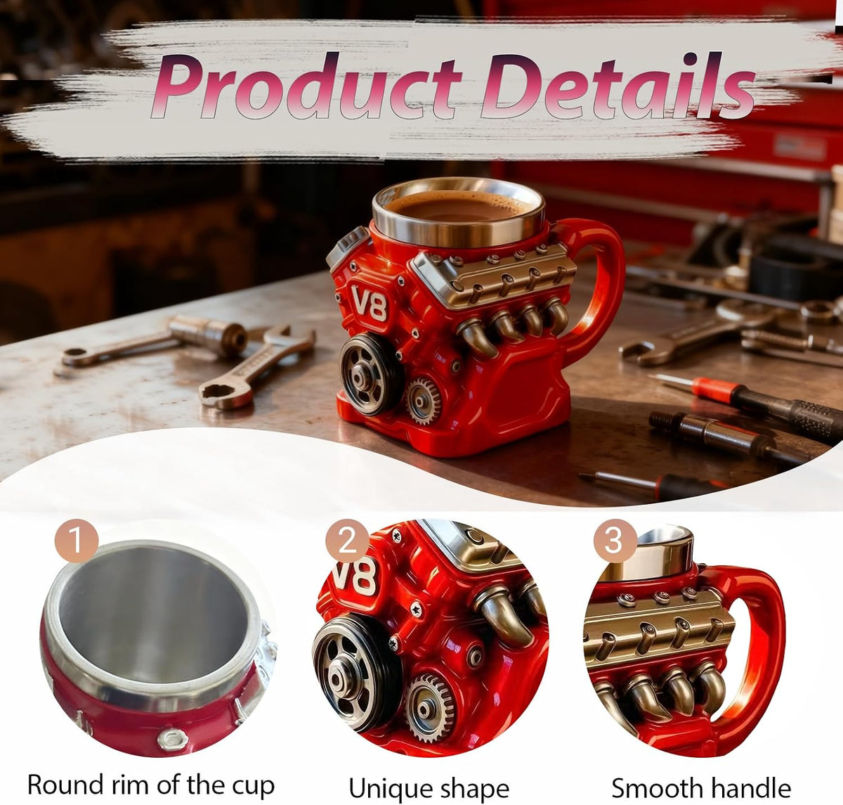 6.77OZ V8 Engine Coffee Mug Stainless Steel Cup for Father Partner Friend Car Enthusiast Gift