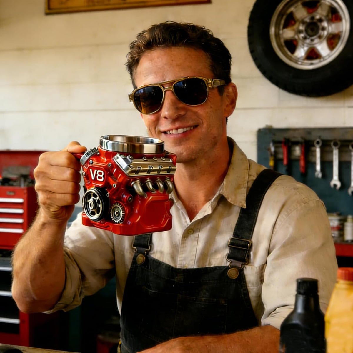 6.77OZ V8 Engine Coffee Mug Stainless Steel Cup for Father Partner Friend Car Enthusiast Gift