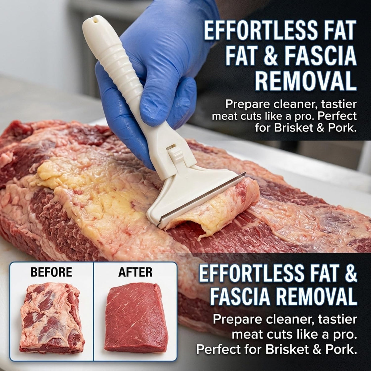 2PCS Handheld Fat Trimmer for Beef & Pork, Stainless Steel Meat Scraper with 20 Blades, T-Shaped Meats Scraper, Fat Trimmer, Easy Fats & Fascia Removal Tool for Beef & Pork (Large + Small)
