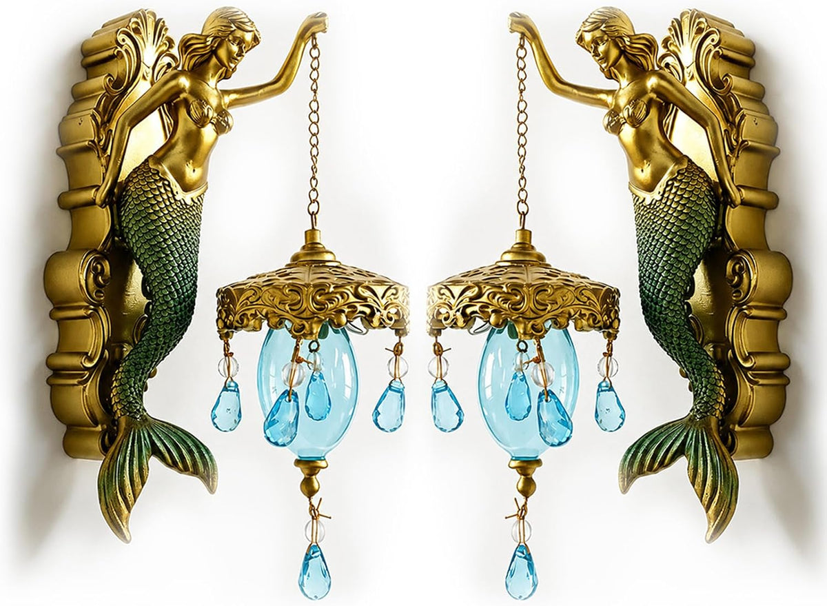 Vintage Mermaid Wall Sconce Antique Gold Hand-Painted Coastal Light