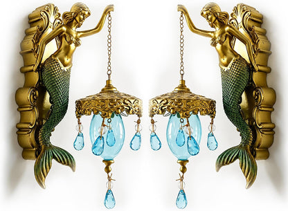 Vintage Mermaid Wall Sconce Antique Gold Hand-Painted Coastal Light