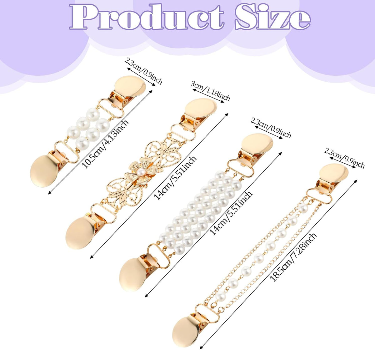 4pcs Pearl Dress Clips 4 Style Back Cinch Clips Set Vintage Sweater Pearl Brooch Dress Shirt Ties for Women Sweater Cardigan