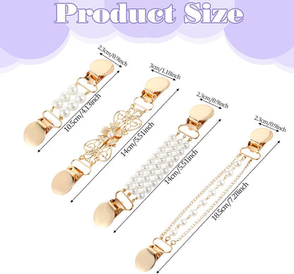 4pcs Pearl Dress Clips 4 Style Back Cinch Clips Set Vintage Sweater Pearl Brooch Dress Shirt Ties for Women Sweater Cardigan