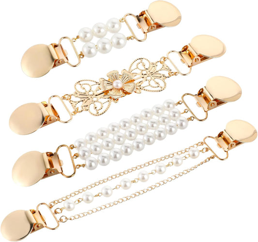 4pcs Pearl Dress Clips 4 Style Back Cinch Clips Set Vintage Sweater Pearl Brooch Dress Shirt Ties for Women Sweater Cardigan