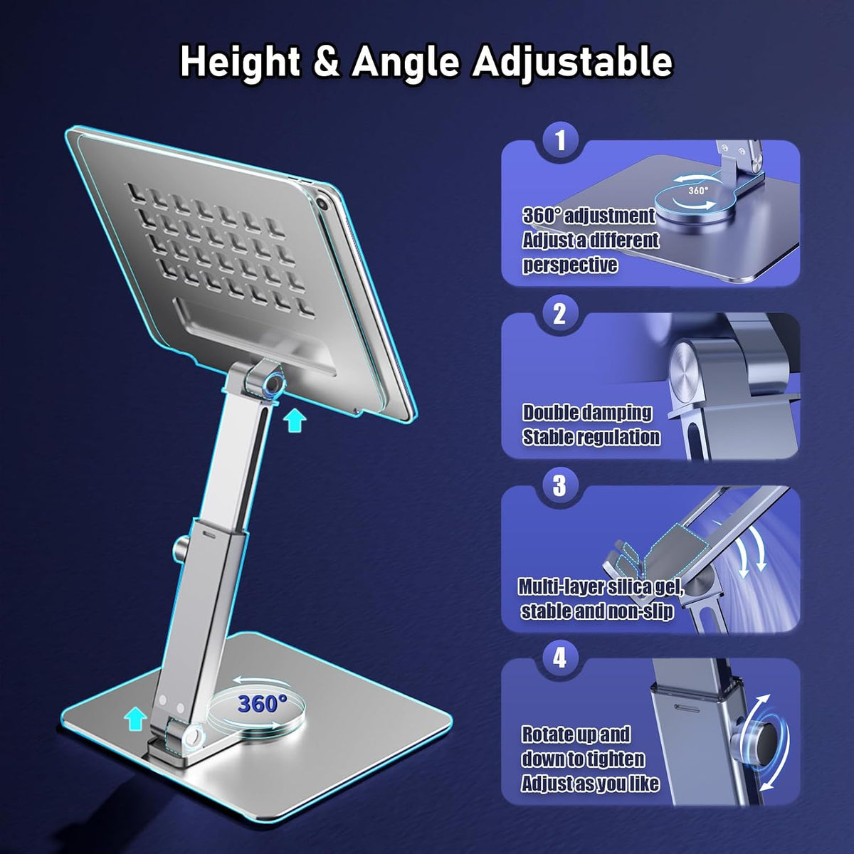 iPad Stand, Height Adjustable with 360 Rotating Base Holder for Desk