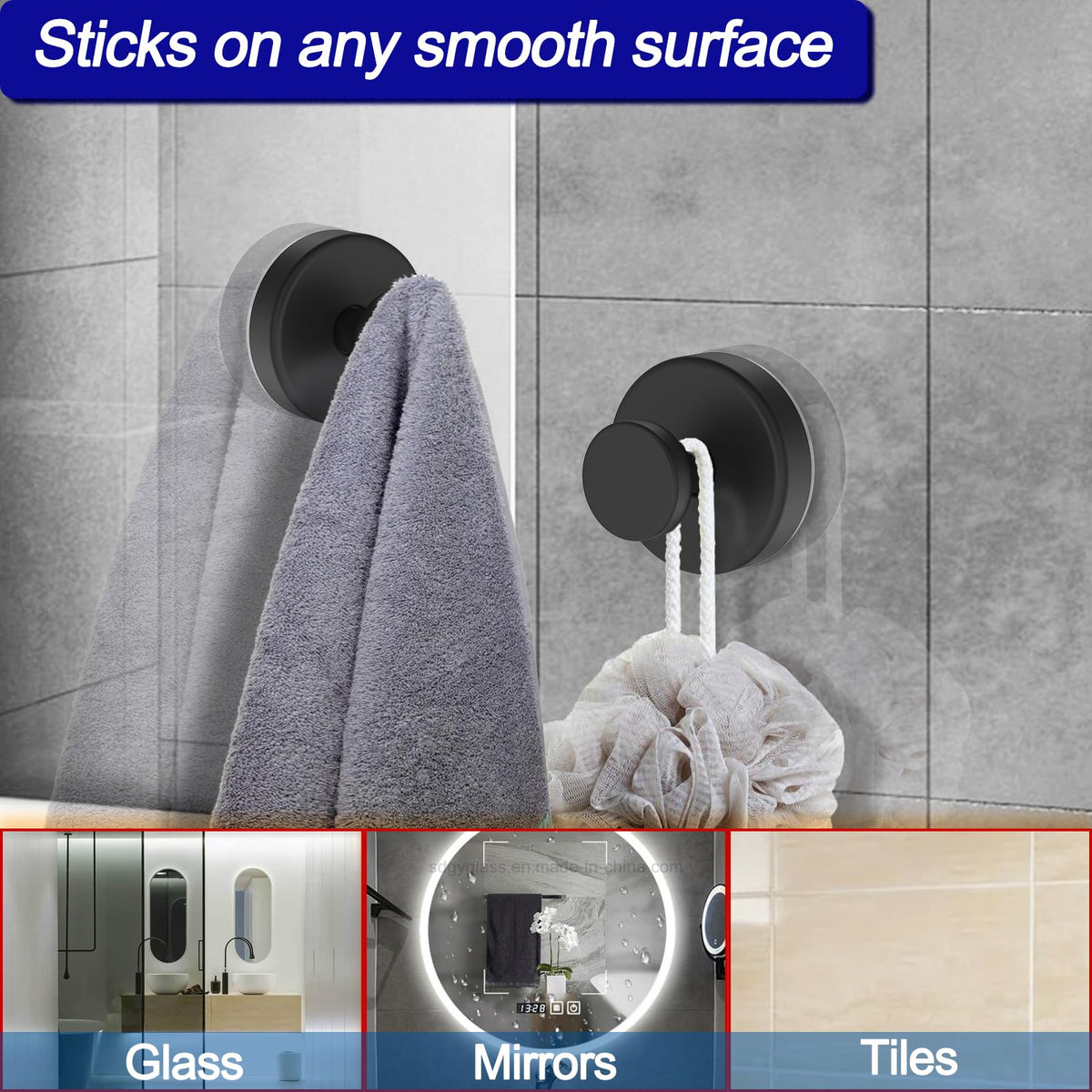 Bntuk Suction Cup Hooks for Shower, Detachable Towel Hooks for Bathroom Window Glass Door Wall, Bathrobe Loofah Hook for Hanging – 2 Pack, Black