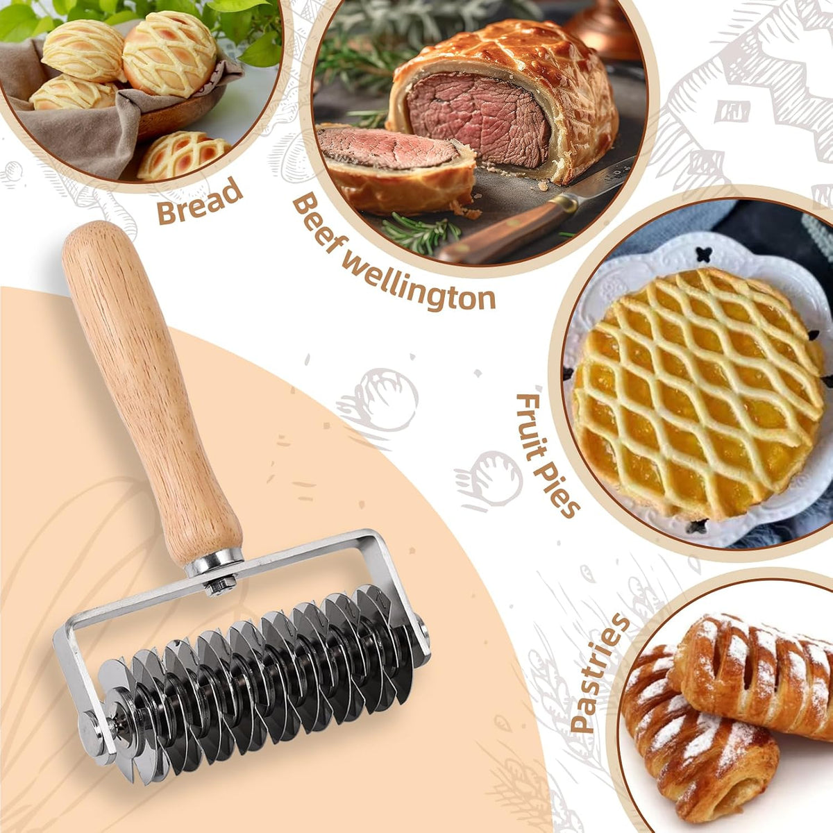 Pastry Lattice Roller Cutter, Stainless Steel Lattice Dough Cutter Wood Handle, Professional Pastry Crust Cutter, Household Time-Saver Cutting Tool Pie Bread Beef Wellington Pizza