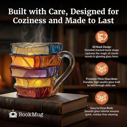 Book Mug Chapter Glass 3D Book Mugs Stained Glass Cup Gift for Women 7oz