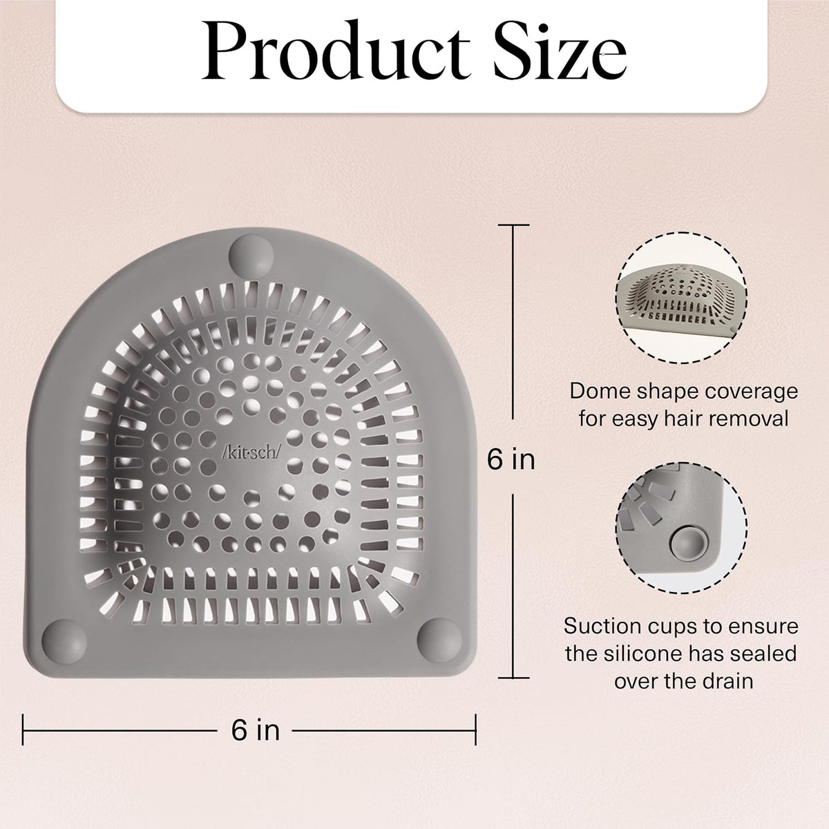 Kitsch Shower Drain Hair Catcher - Sink Drain Strainer - Grey