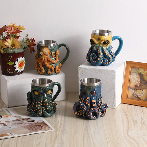New Underwater Deep Blue Octopus Coffee Cup Mug Home Bedroom Desktop Decoration Resin Crafts
